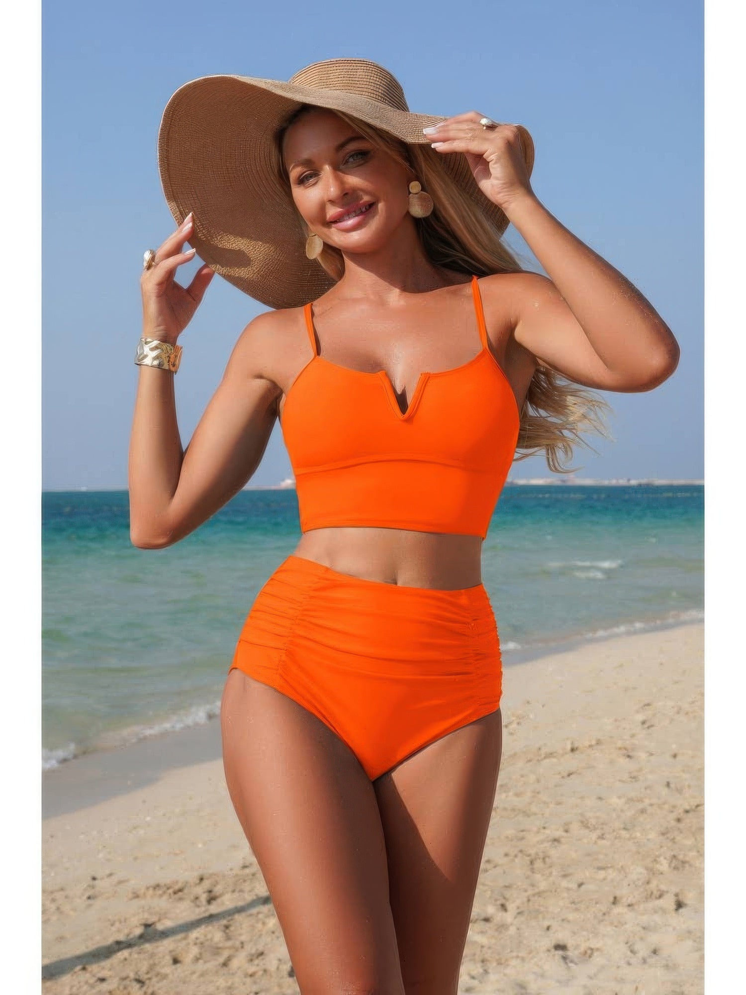 The Portofino Pleated Bikini – high waisted pleated strap bikini set, view 5