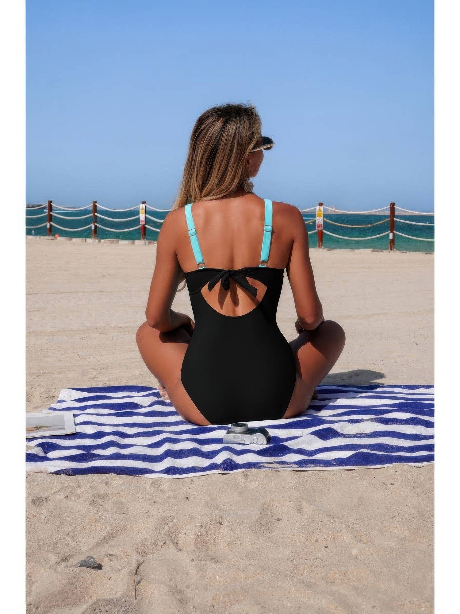 The Mykonos Patchwork One-Piece – patchwork V-neck cutout swimsuit, view 3