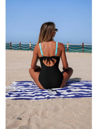 The Mykonos Patchwork One-Piece – patchwork V-neck cutout swimsuit, view 3