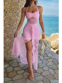 The Rosa Draped Bodycon Dress – pink halter bodycon dress with lace and draped ruching