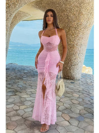 The Rosa Draped Bodycon Dress – pink halter lace ruched bodycon dress, view 3