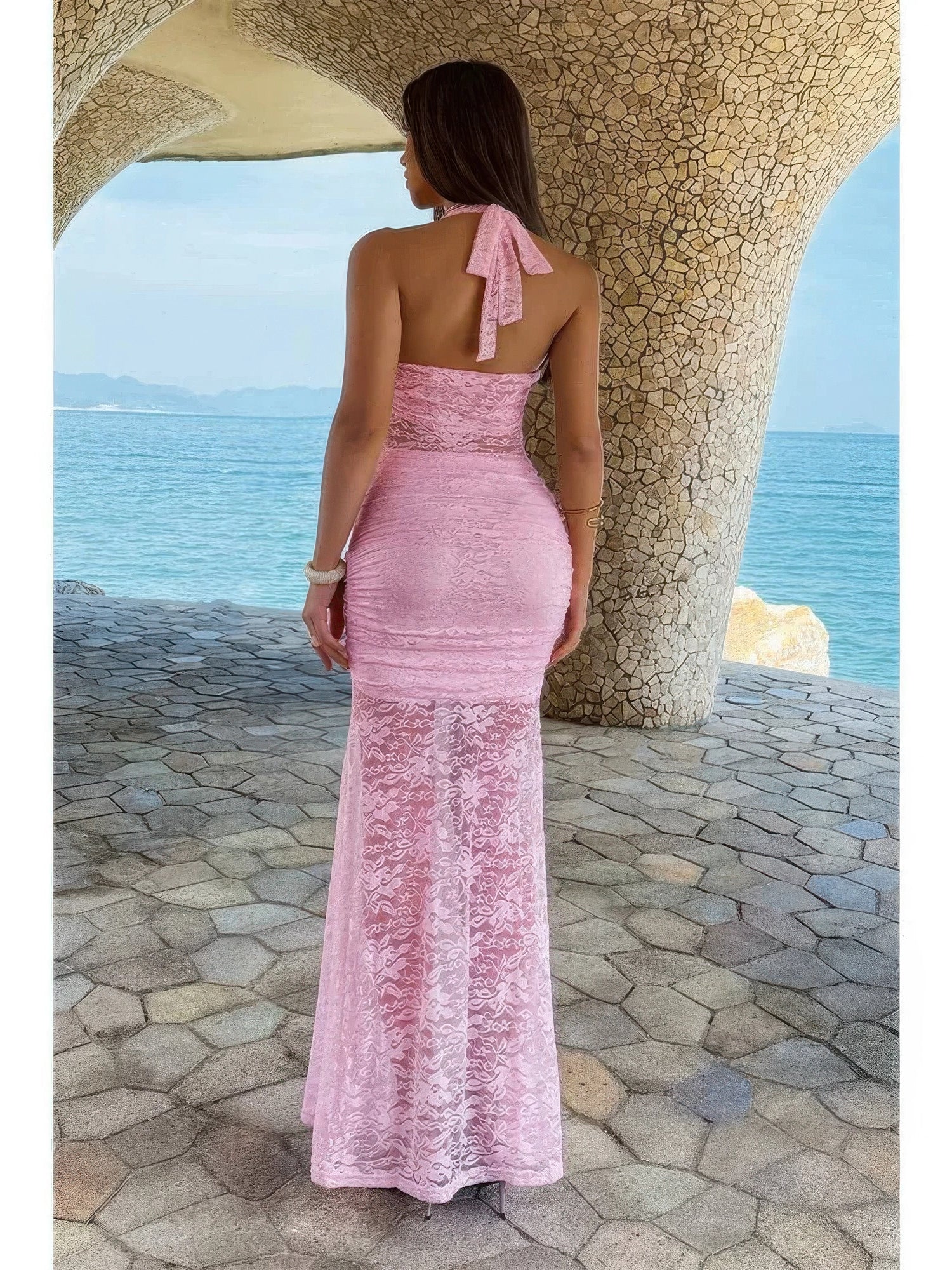 The Rosa Draped Bodycon Dress – pink halter lace ruched bodycon dress, view 6