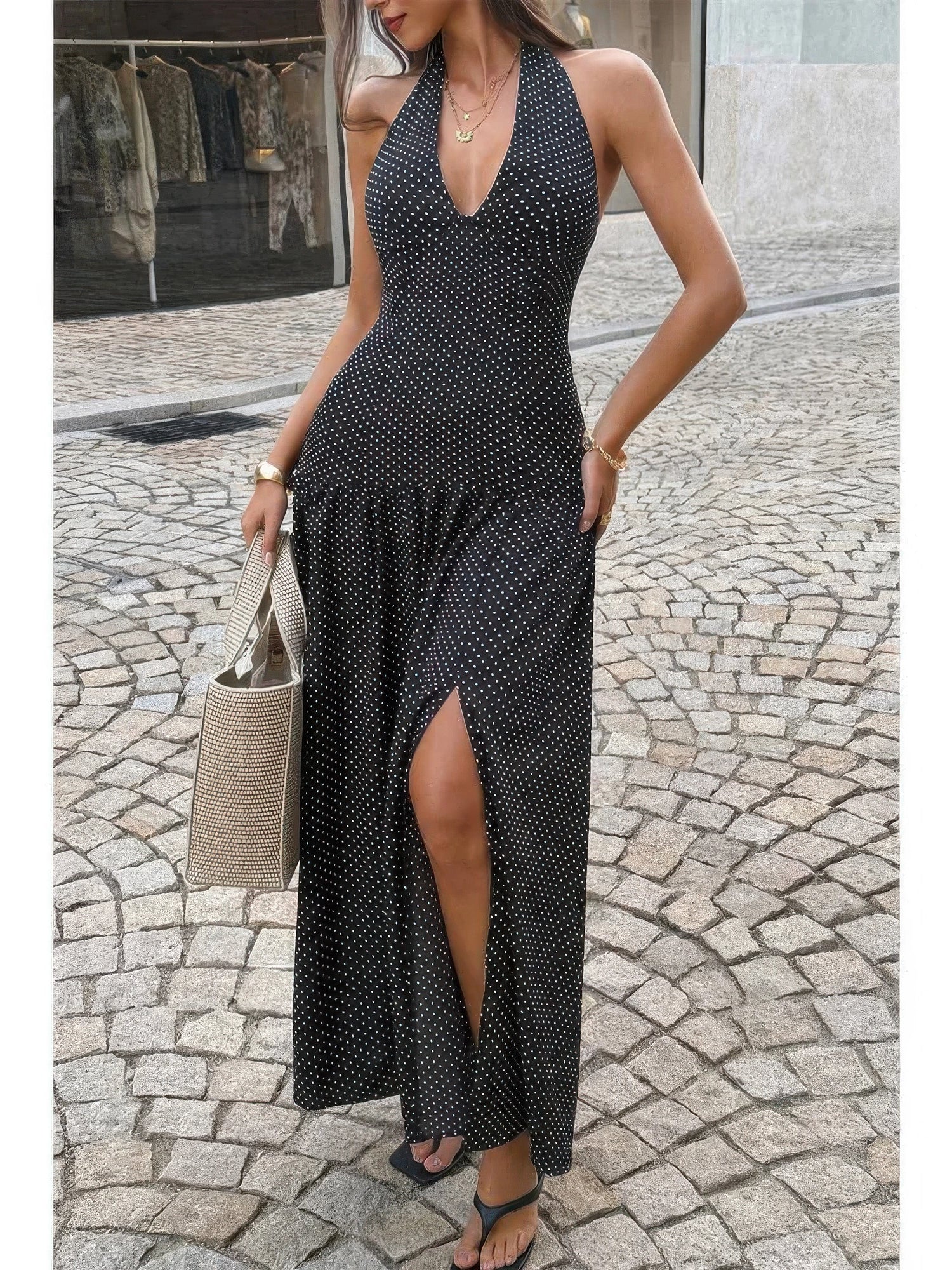 The Loretta Polka Dot Maxi – black polka dot vintage halter neck maxi dress