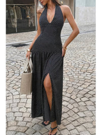 The Loretta Polka Dot Maxi – black polka dot vintage halter neck maxi dress