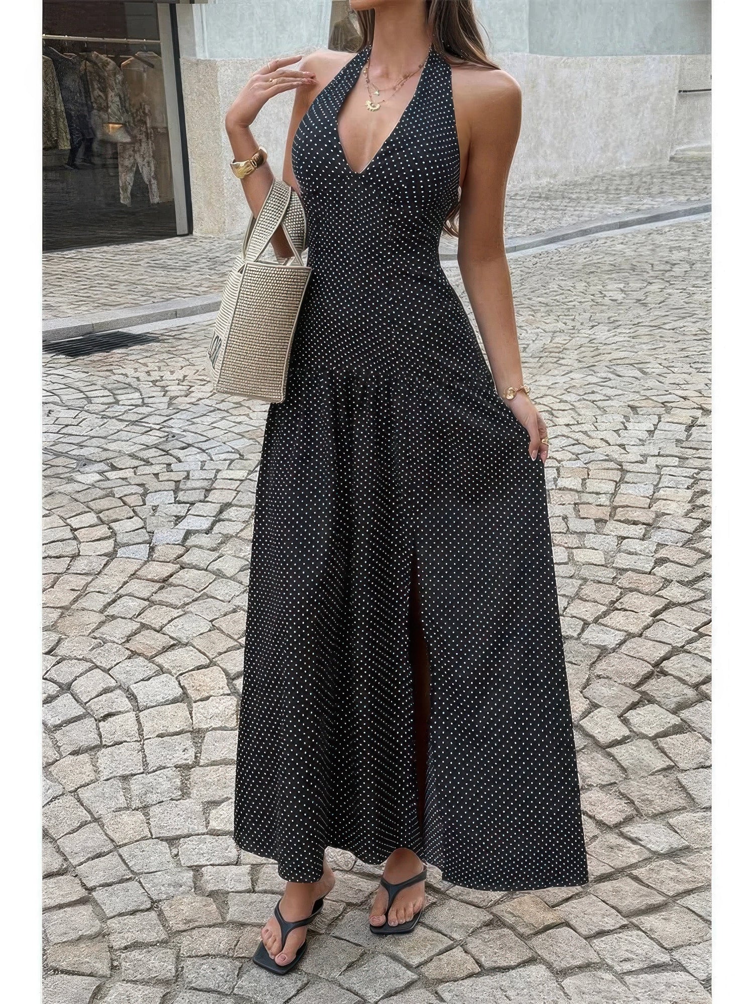 The Loretta Polka Dot Maxi – black polka dot halter maxi dress, view 2
