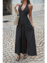 The Loretta Polka Dot Maxi – black polka dot halter maxi dress, view 2