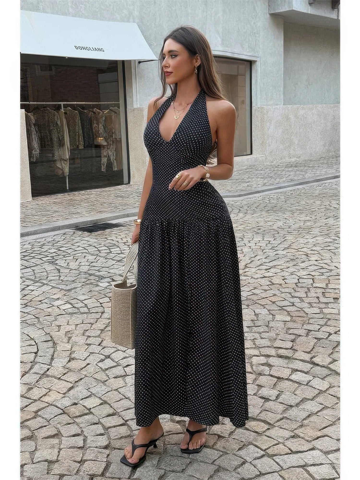 The Loretta Polka Dot Maxi – black polka dot halter maxi dress, view 3