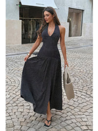 The Loretta Polka Dot Maxi – black polka dot halter maxi dress, view 4