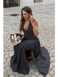 The Loretta Polka Dot Maxi – black polka dot halter maxi dress, view 5