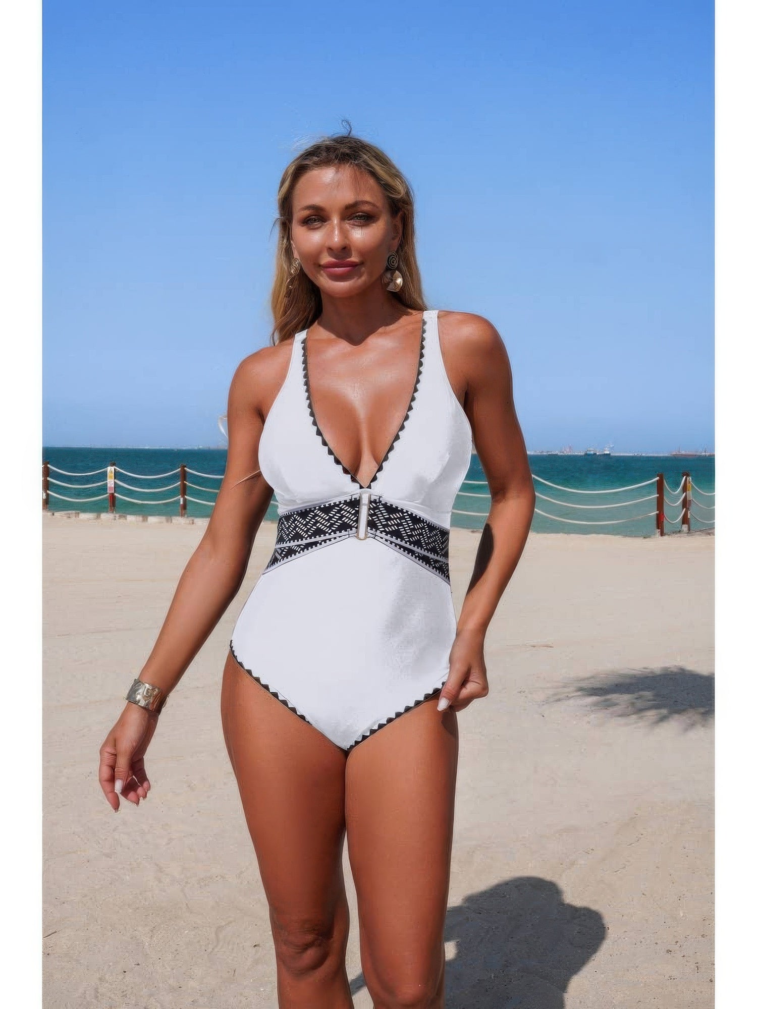 The Amalfi Trim One-Piece – V-neck one-piece swimsuit with serrated trim detailing