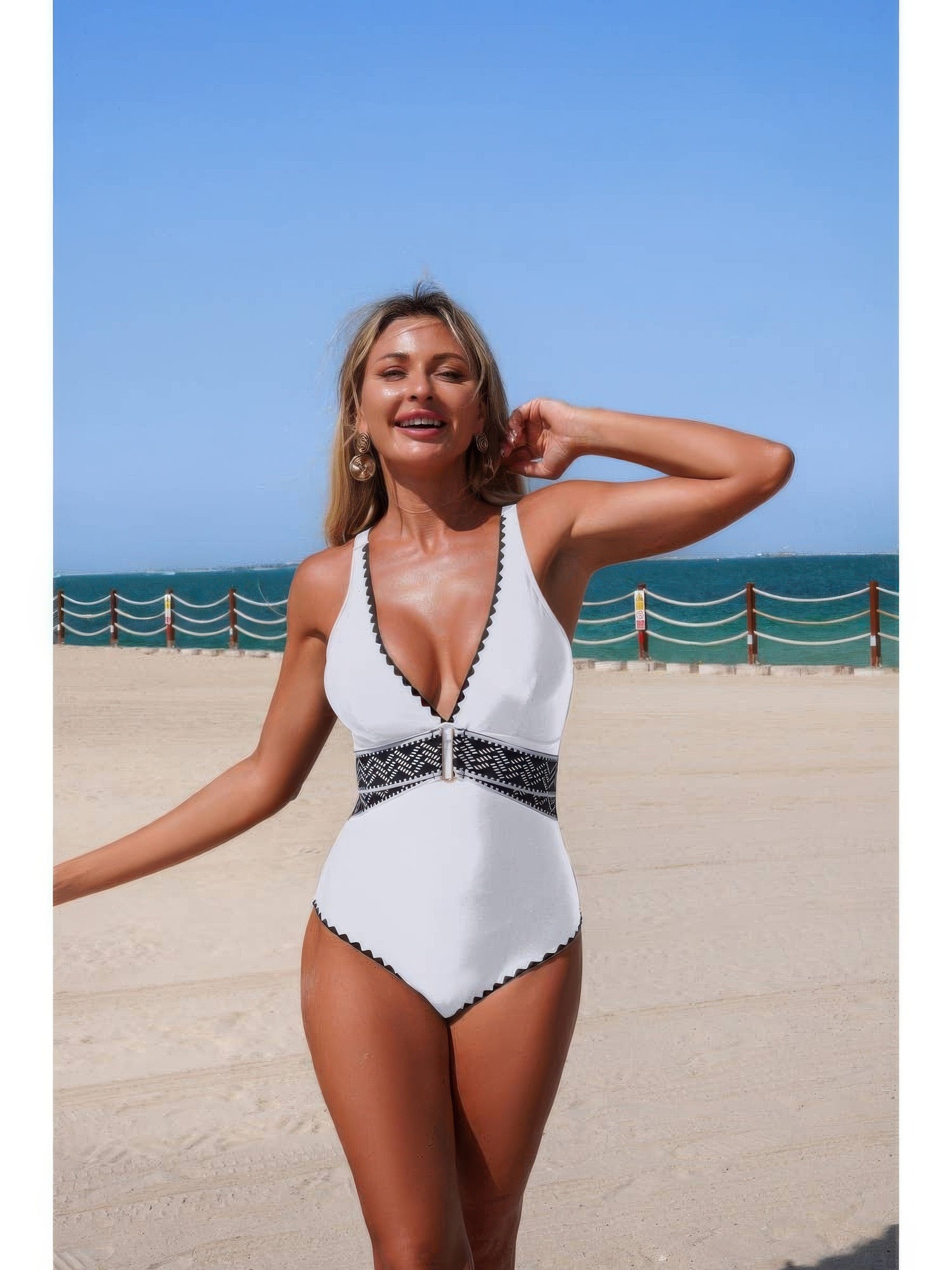 The Amalfi Trim One-Piece – V-neck serrated trim one-piece swimsuit, view 3