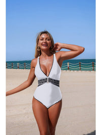 The Amalfi Trim One-Piece – V-neck serrated trim one-piece swimsuit, view 3