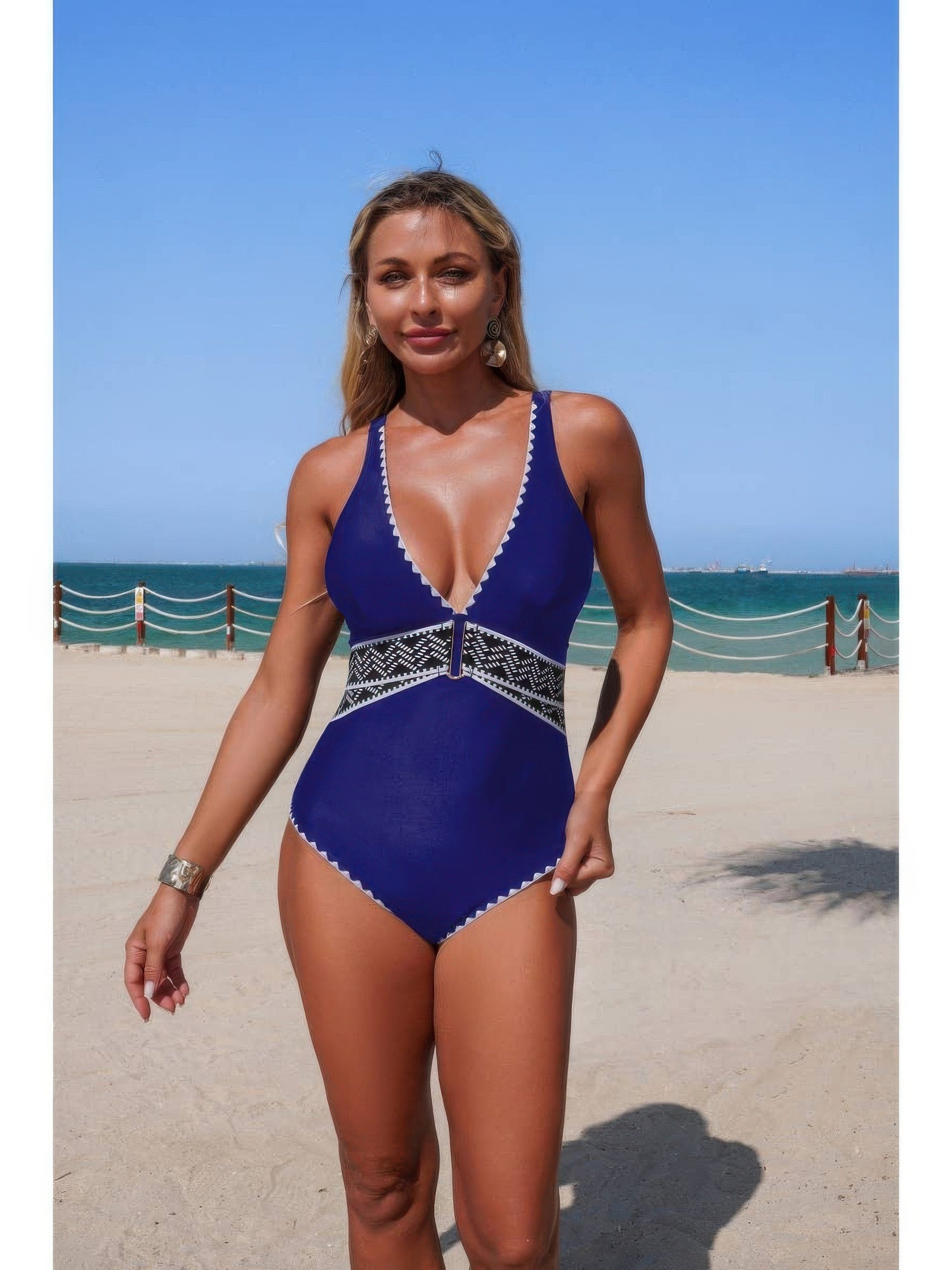 The Amalfi Trim One-Piece – V-neck serrated trim one-piece swimsuit, view 5