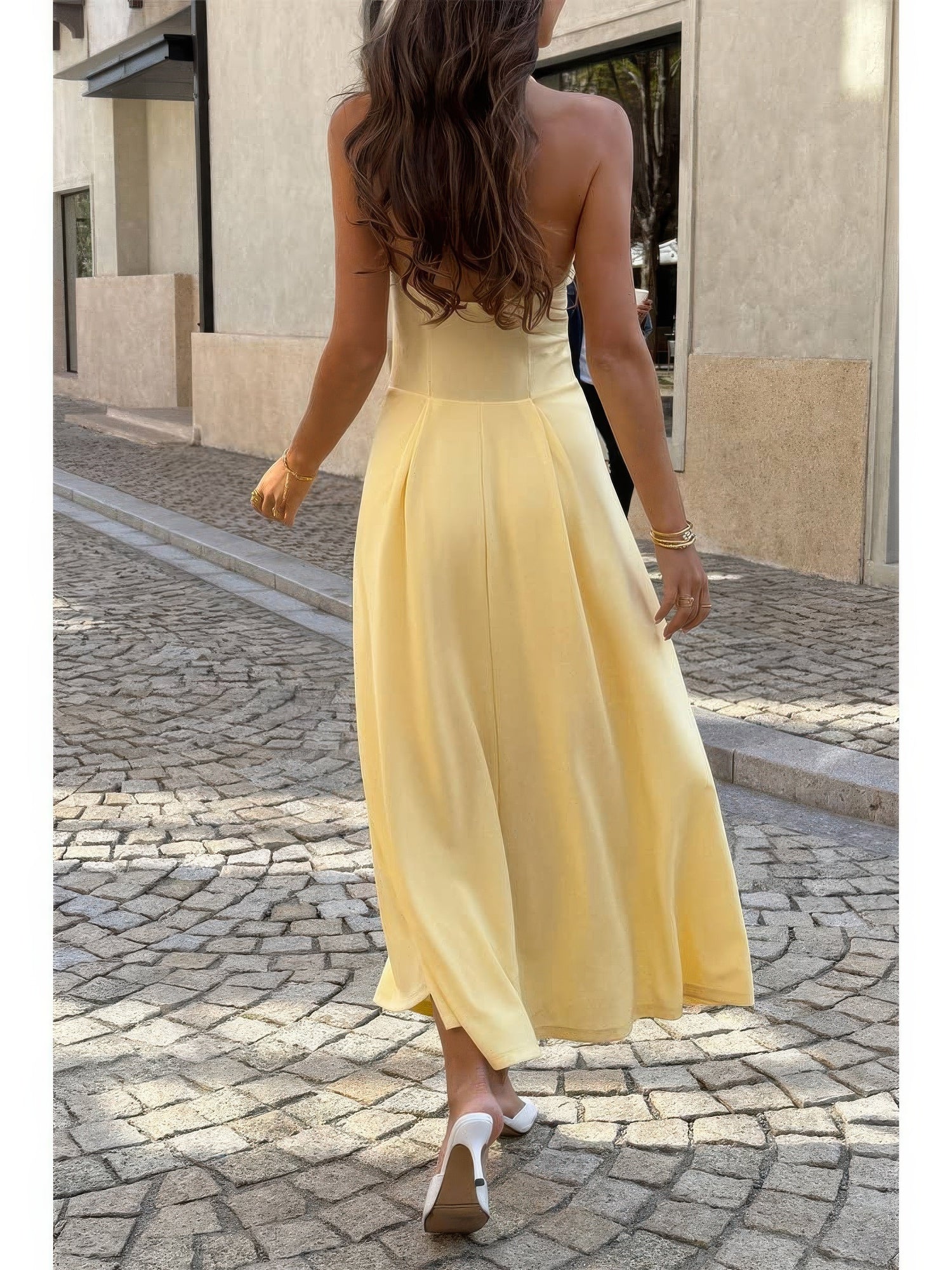 The Daphne Halter Midi – yellow halter dropped hem midi dress, view 3