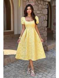 The Marigold Puff Sleeve Midi – yellow square neck puff sleeve midi dress