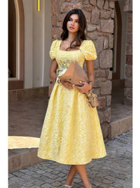 The Marigold Puff Sleeve Midi – yellow square neck puff sleeve midi dress, view 3