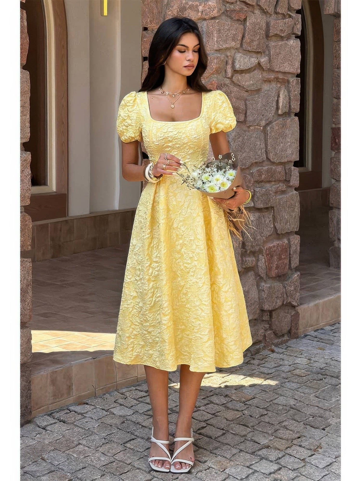 The Marigold Puff Sleeve Midi – yellow square neck puff sleeve midi dress, view 4