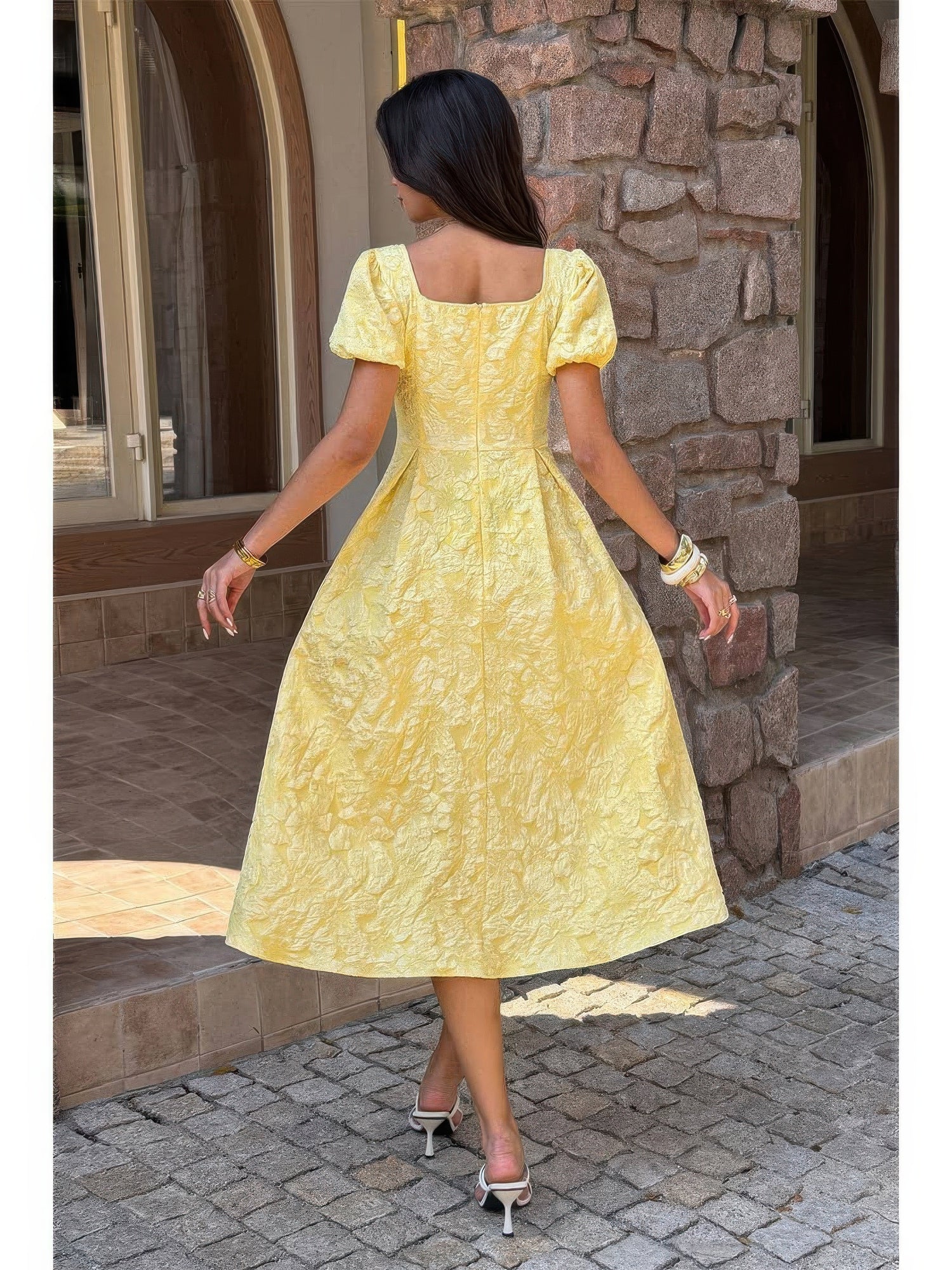 The Marigold Puff Sleeve Midi – yellow square neck puff sleeve midi dress, view 5