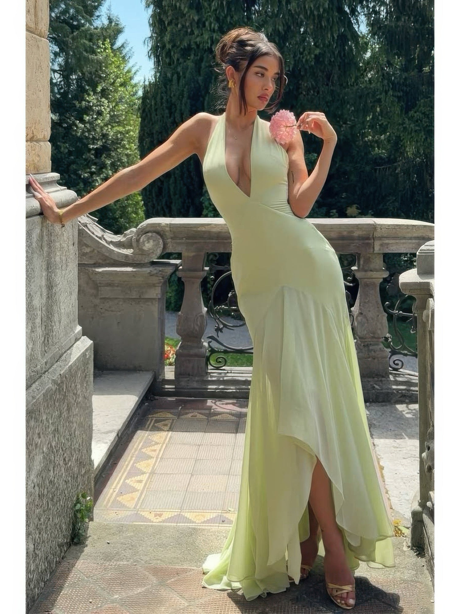 The Isla Tulle Maxi – green halter deep V backless tulle maxi dress