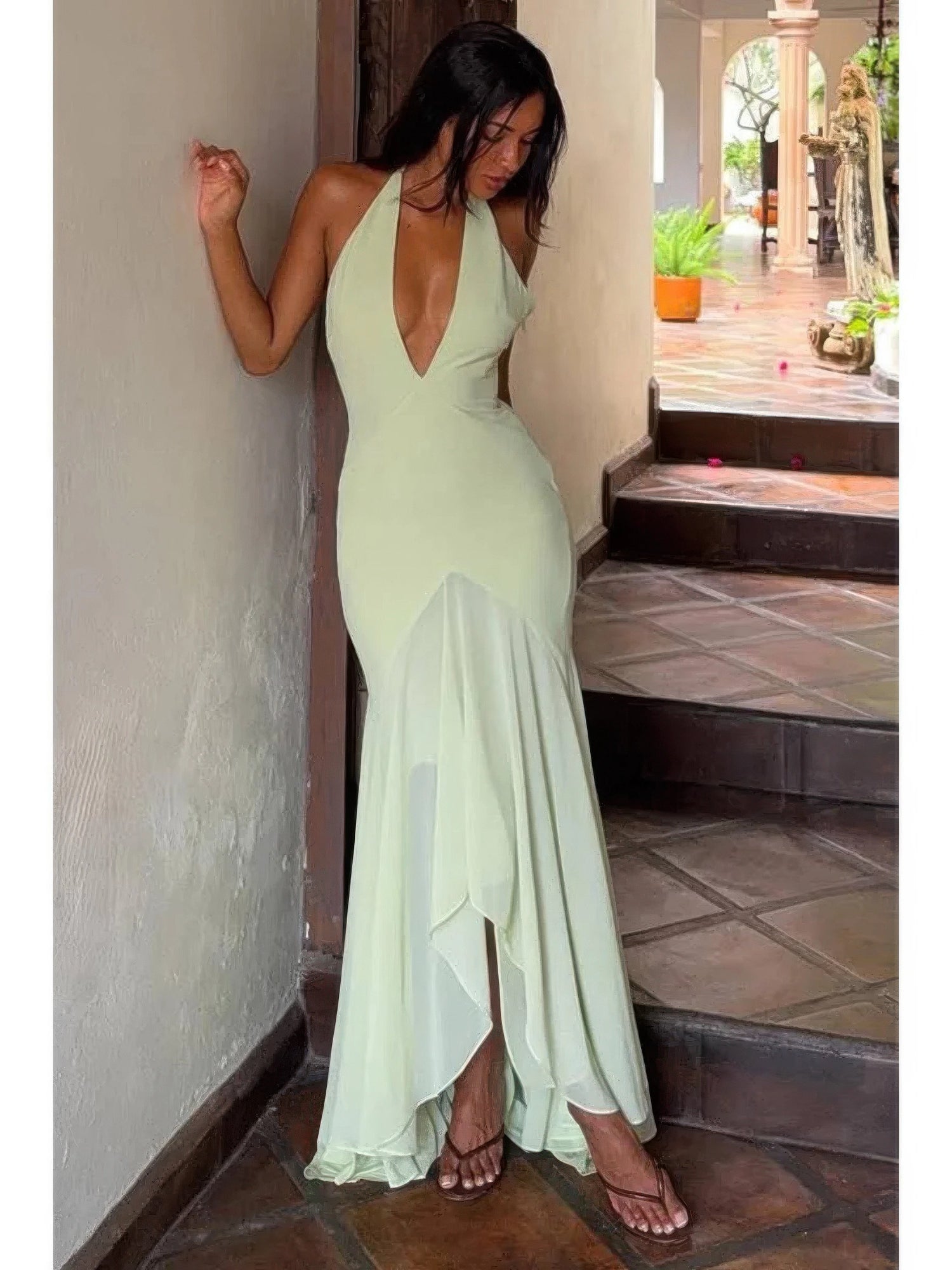The Isla Tulle Maxi – green halter backless tulle maxi dress, view 3