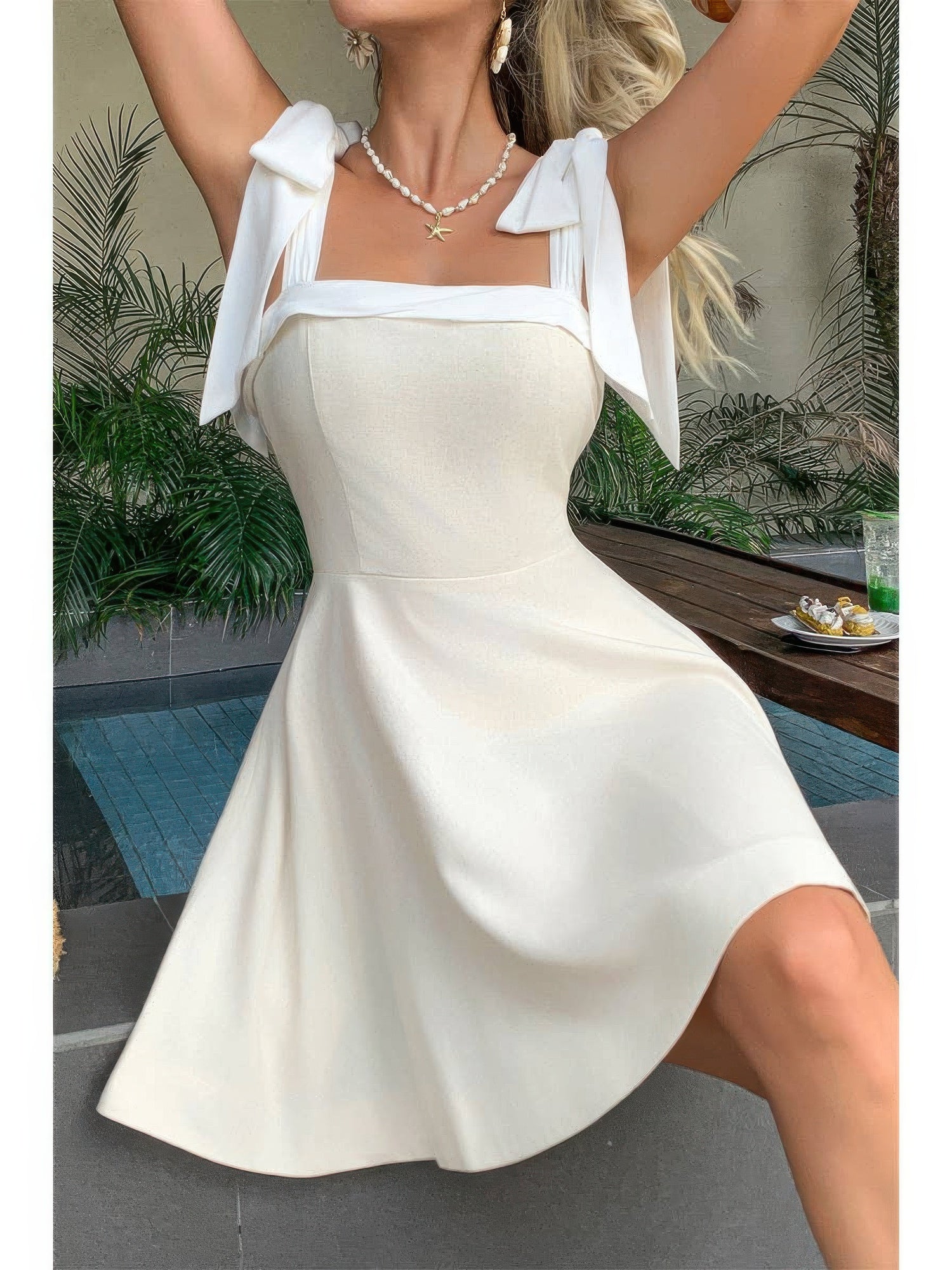 The Cora Tie-Shoulder Dress – beige square neck tie-shoulder dress, view 6