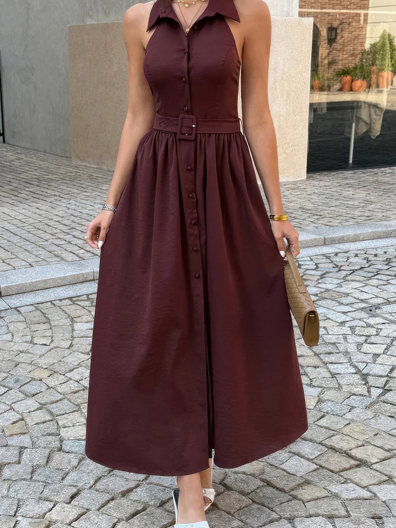The Whitney Belted Midi – brown collared sleeveless A-line midi dress with matching waist belt
