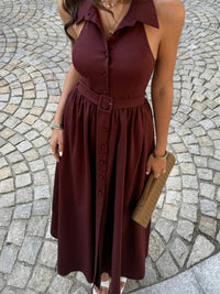 The Whitney Belted Midi – brown collared belted A-line midi dress, view 3