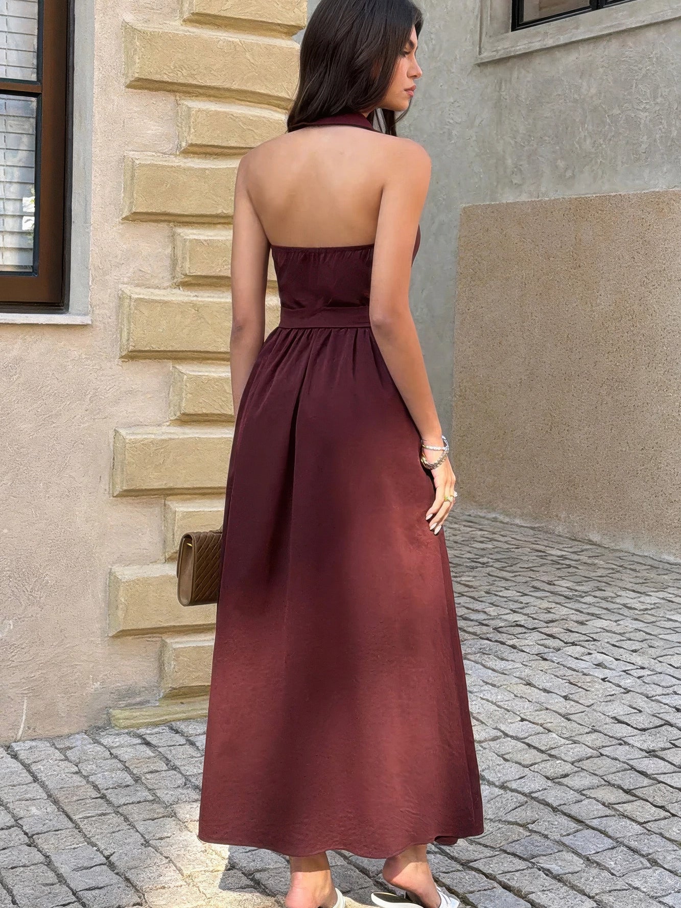 The Whitney Belted Midi – brown collared belted A-line midi dress, view 4