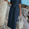 Solid Pocket Turn Down Collar A Line Dress