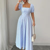 Square Neck Puff Sleeve Backless Bow Tied Striped Flowy Dress
