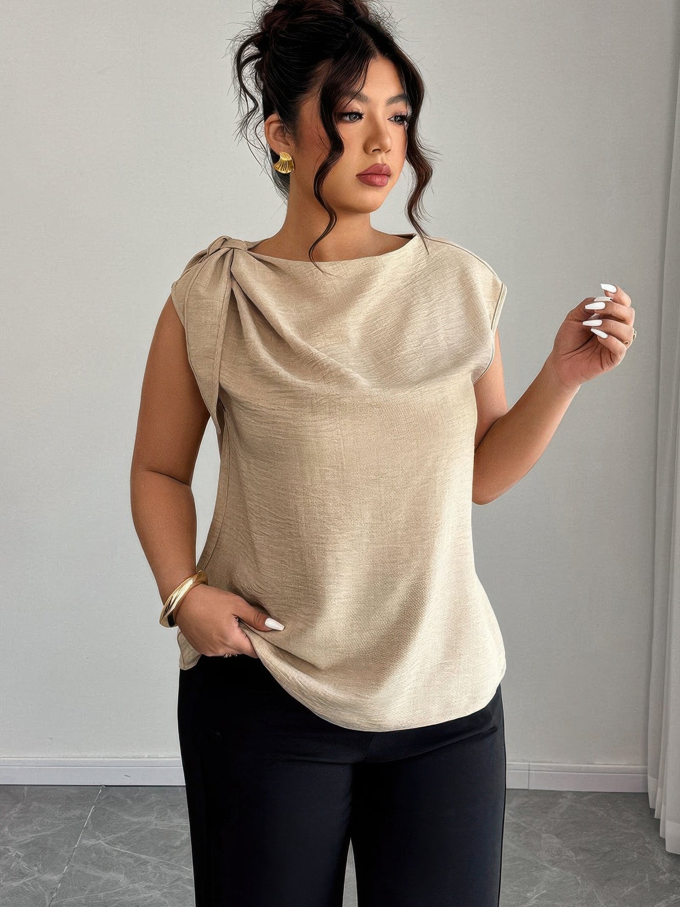The June Tie Neck Blouse – plus size tie neck colorblock sleeveless blouse, view 3
