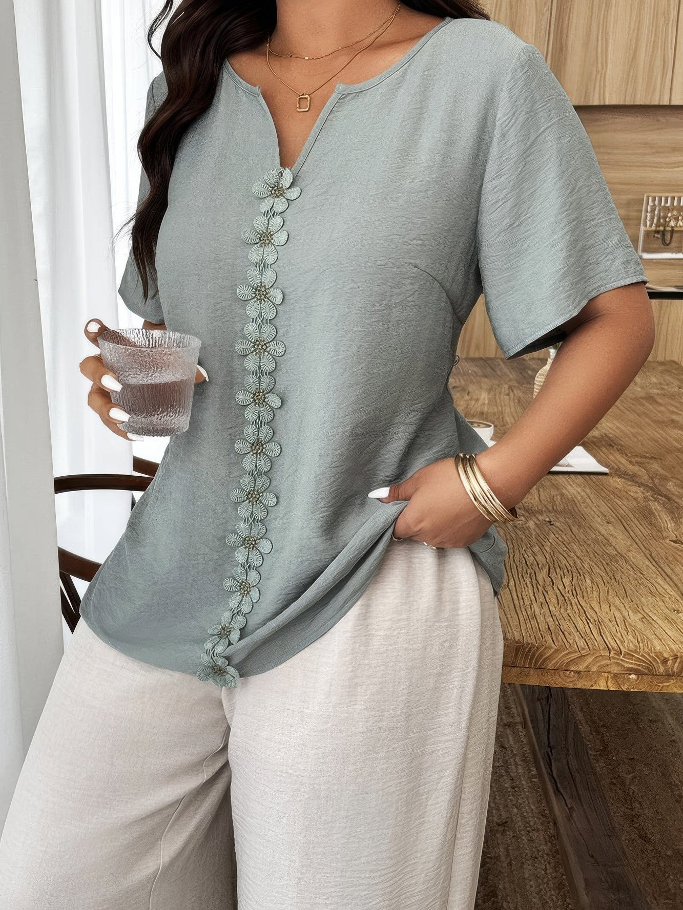 The Sage Patchwork Top – plus size grey green floral patchwork loose top with ruffle trim