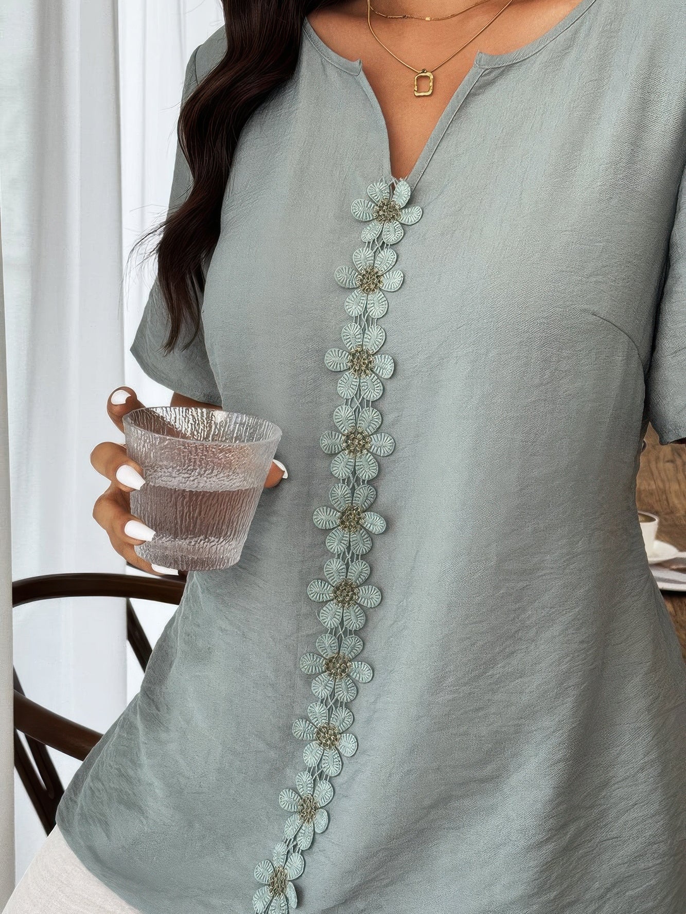 The Sage Patchwork Top – plus size floral patchwork ruffle trim loose top, view 2