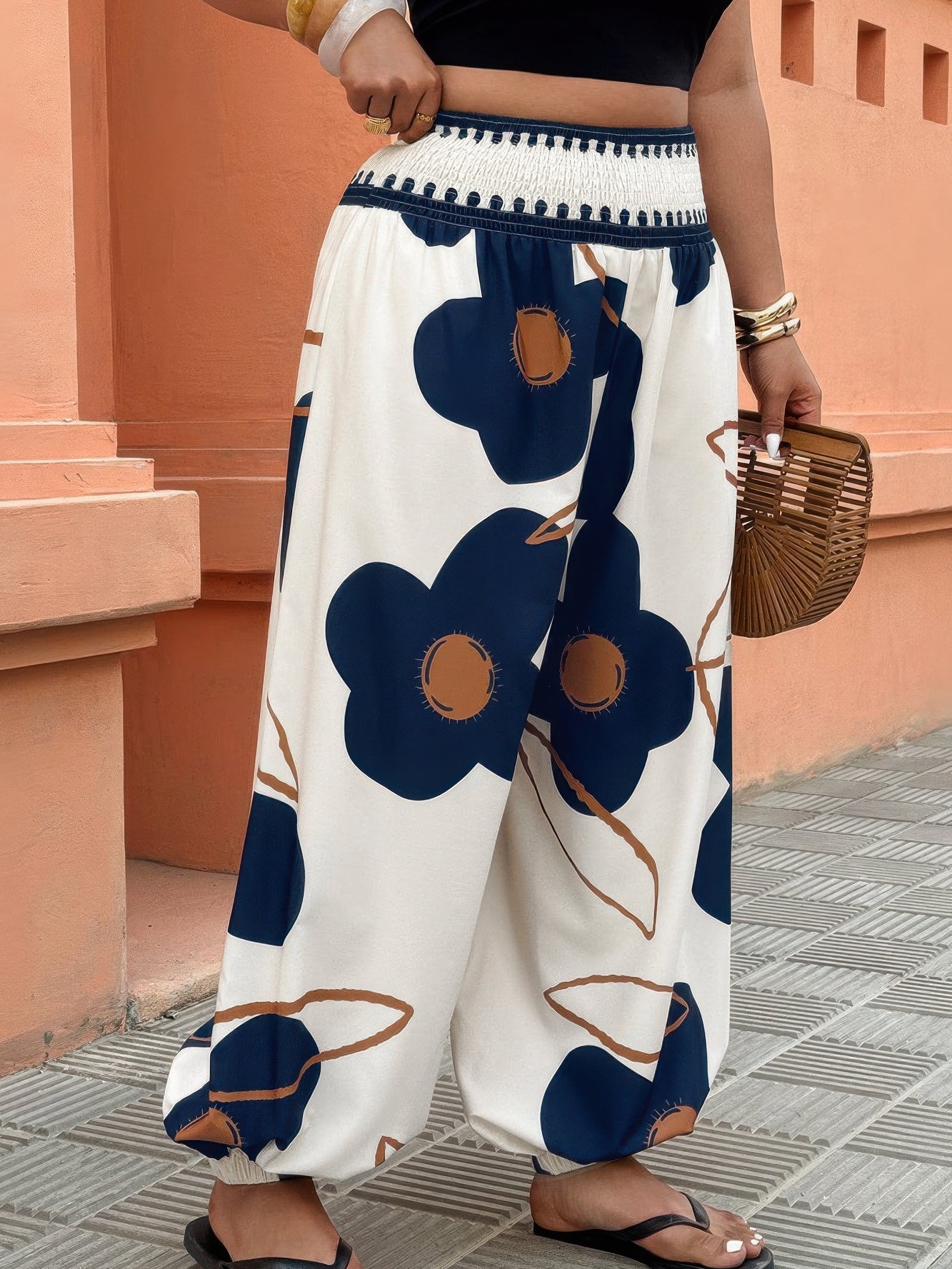 The Marisol Floral Pant – plus size blue floral print elastic waist pants