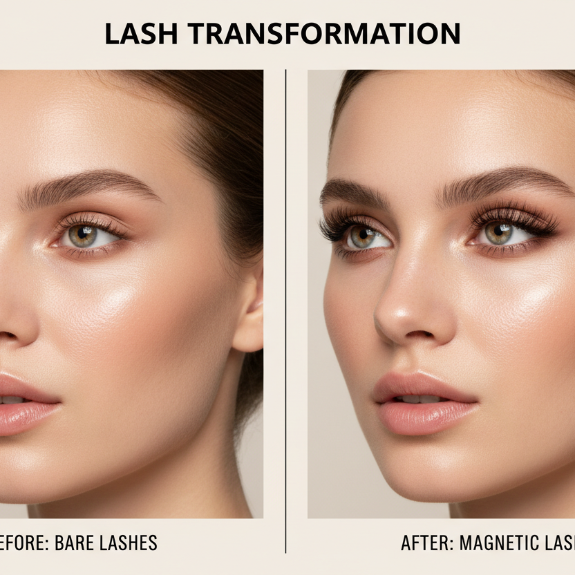 A beautiful models face with before and after with Natural-Look Magnetic Faux Mink Lashes – Lightweight Handmade Reusable Eyelashes with Magnetic Applicator