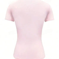 Back view of Round Neck Short Sleeve T-Shirt in soft pink color, showcasing its basic style and moderate stretch.