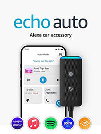 Amazon Echo Auto car accessory with Alexa, displaying music streaming interface on smartphone.