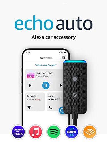 Amazon Echo Auto car accessory with Alexa, displaying music streaming interface on smartphone.
