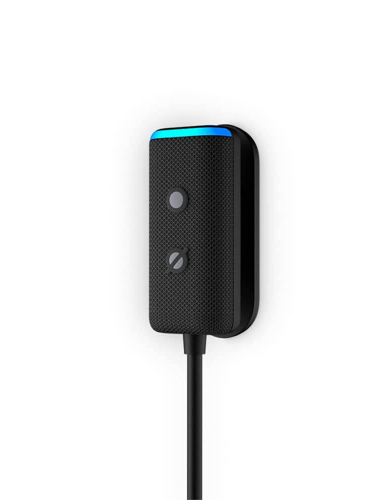 Amazon Echo Auto accessory in black with built-in mics and LED indicators, designed for hands-free Alexa in cars.