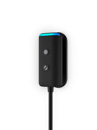 Amazon Echo Auto accessory in black with built-in mics and LED indicators, designed for hands-free Alexa in cars.