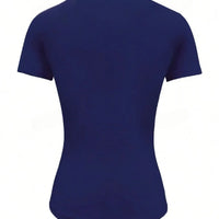 Back view of Round Neck Short Sleeve T-Shirt in navy color, showcasing its basic style and moderate stretch.