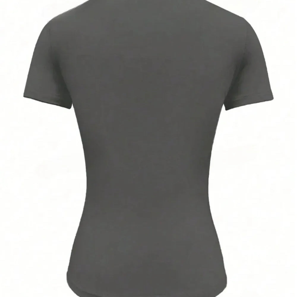 Back view of Round Neck Short Sleeve T-Shirt in dark grey color, showcasing its sleek fit and short sleeves.
