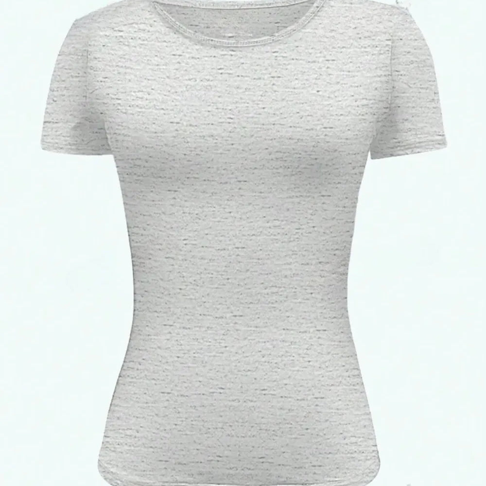 Round Neck Short Sleeve T-Shirt in light gray color with a fitted silhouette and short sleeves.