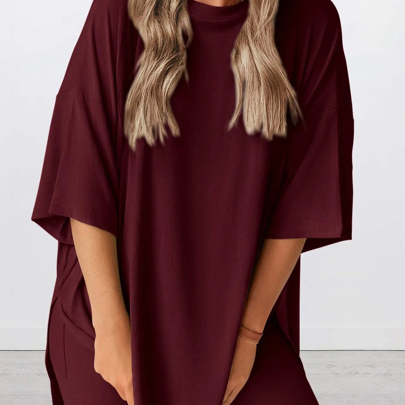 Full Size Oversized Slit Round Neck Top and Shorts Lounge Set Plus Size in burgundy color on model.