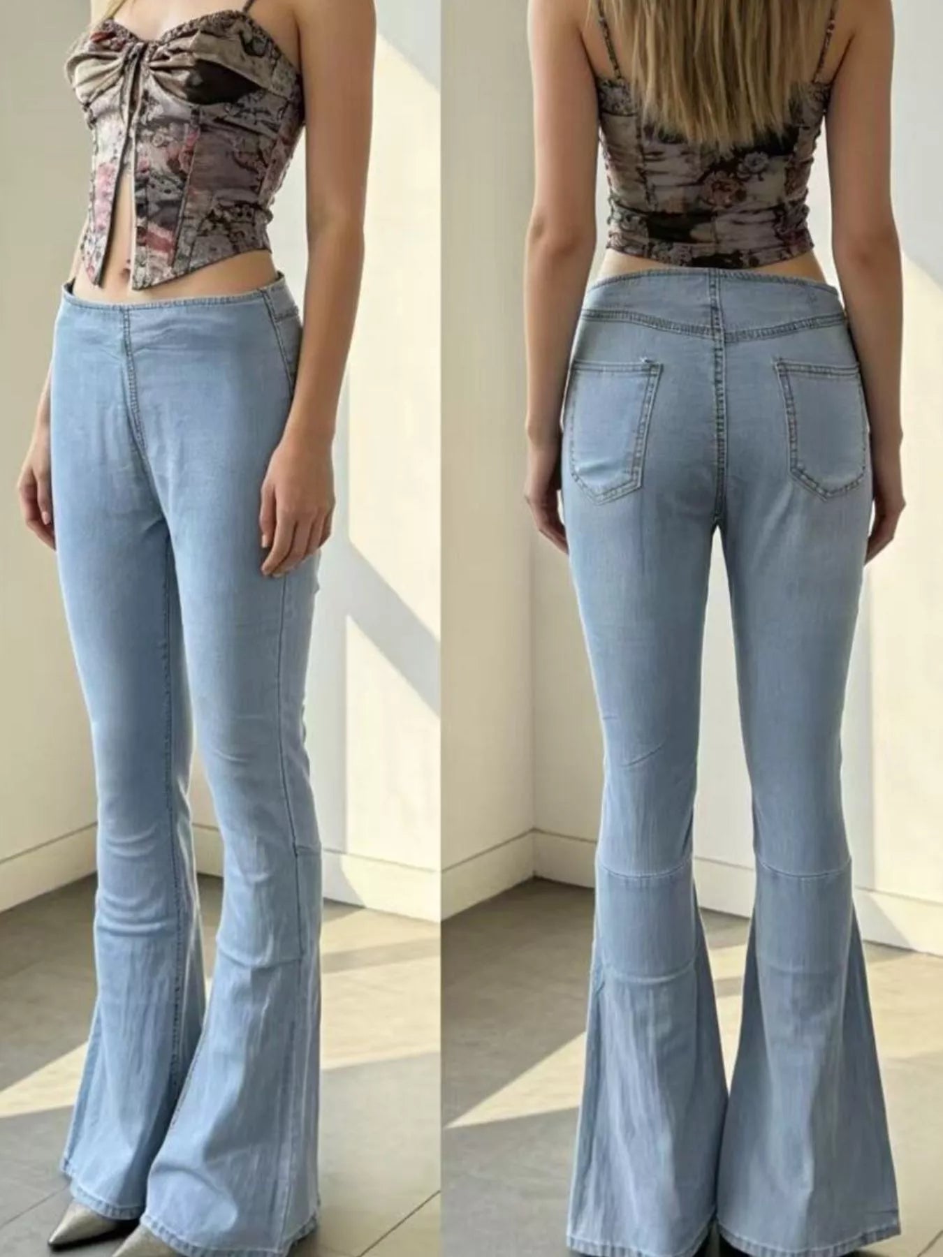 High-Waisted Flare Jeans displayed on a model, showcasing the front and back view, featuring a pocketed design.