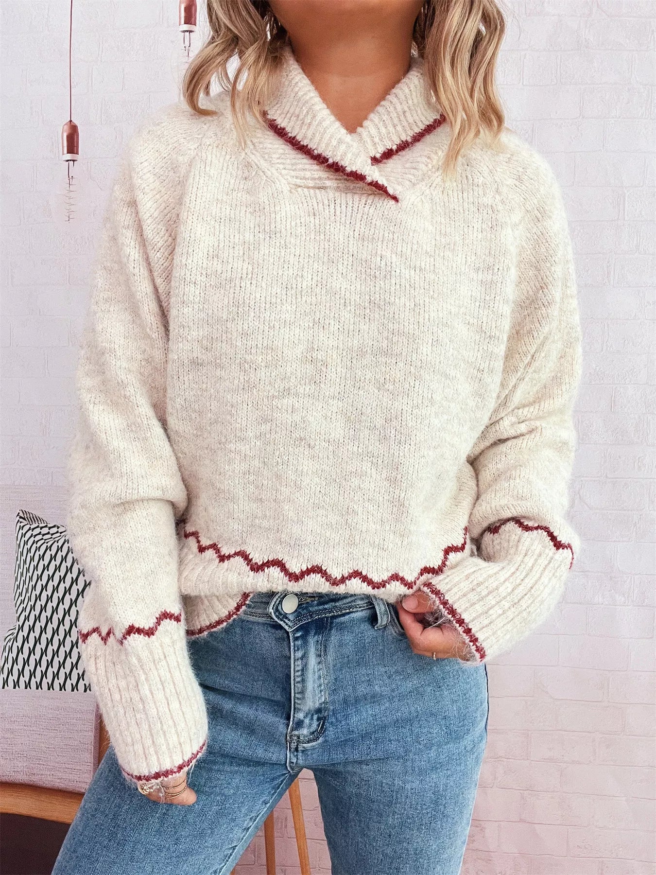 Ribbed Contrast Trim Long Sleeve Sweater in cream with red trim, showcasing contemporary design and textured comfort.