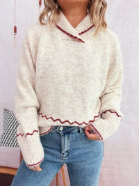 Ribbed Contrast Trim Long Sleeve Sweater in cream with red trim, showcasing contemporary design and textured comfort.
