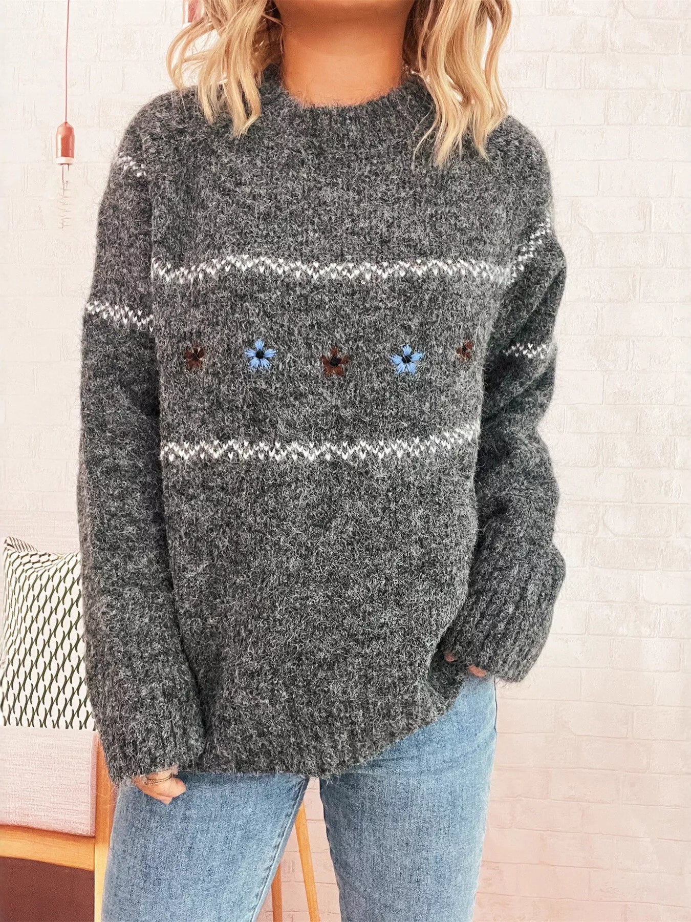 Ribbed Hem Flower Long Sleeve Sweater featuring floral detailing and ribbed hem in gray.