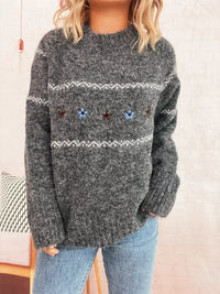 Ribbed Hem Flower Long Sleeve Sweater featuring floral detailing and ribbed hem in gray.