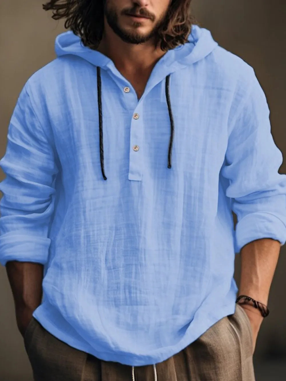 Men's half button hoodie in light blue with drawstrings and a relaxed fit, featuring a casual basic style.
